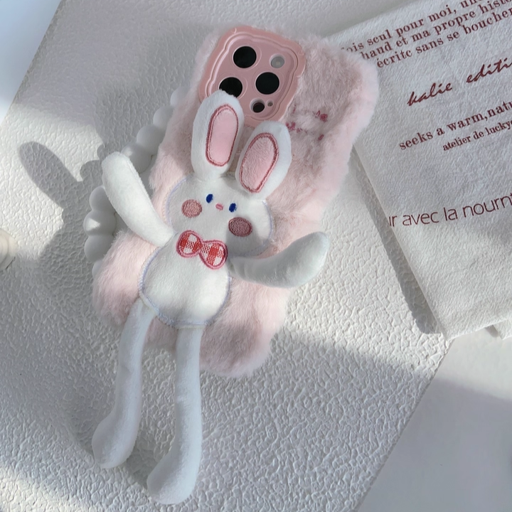 Plush Cartoon Pull-Legs iPhone Case with Lens Frame Stand