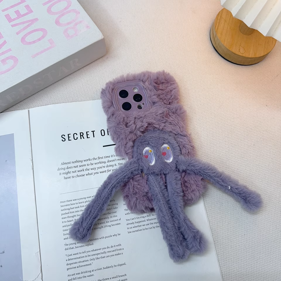 Plush Cartoon Pull-Legs iPhone Case with Lens Frame Stand