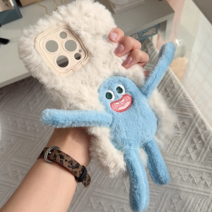 Plush Cartoon Pull-Legs iPhone Case with Lens Frame Stand